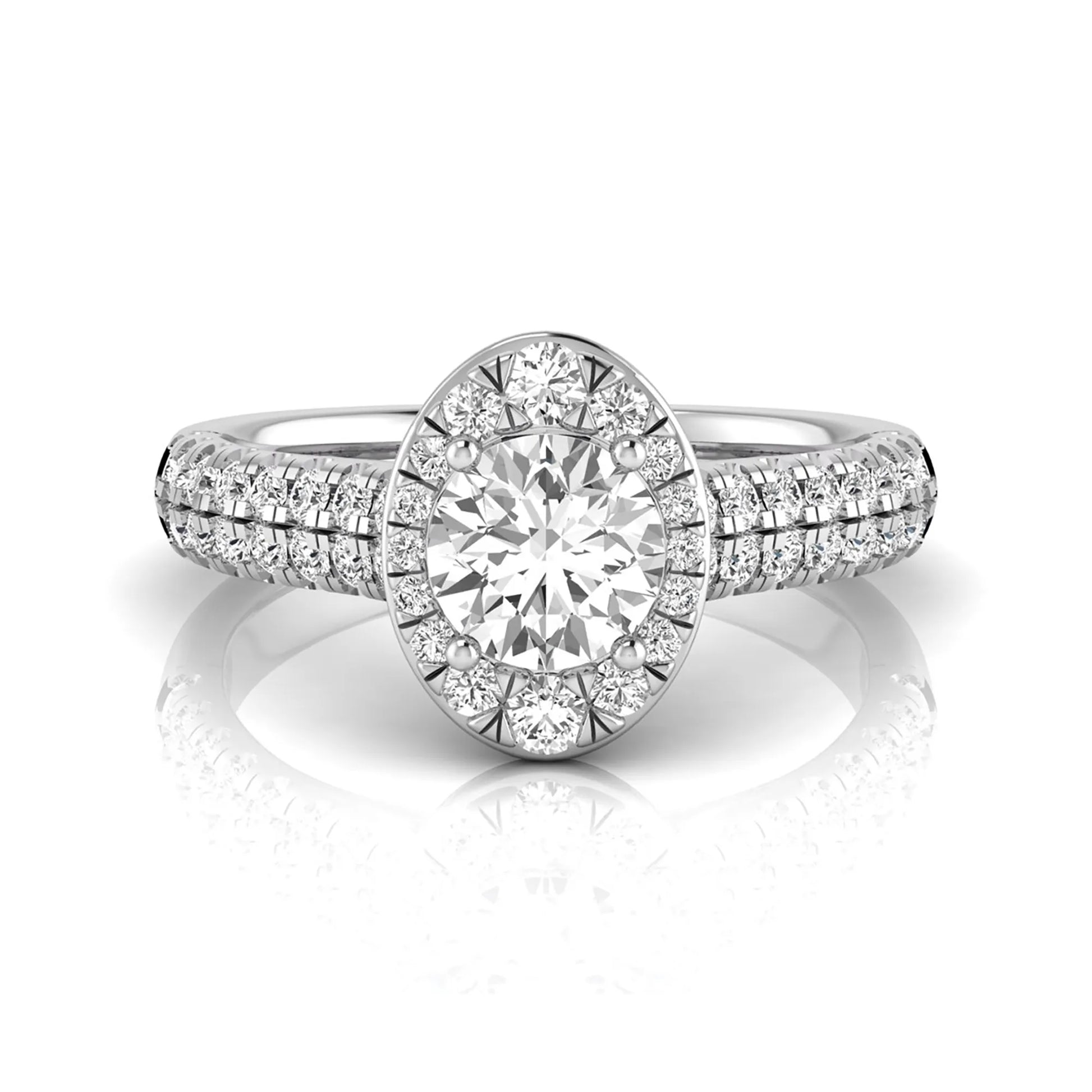 Round cut lab grown diamond engagement ring with an oval-shaped halo, double pavé side stones, and a white gold style band.