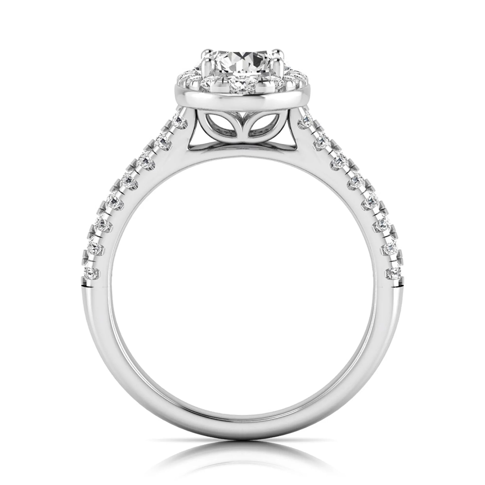 Round cut lab grown diamond engagement ring with an oval-shaped halo, double pavé side stones, and a white gold style band.