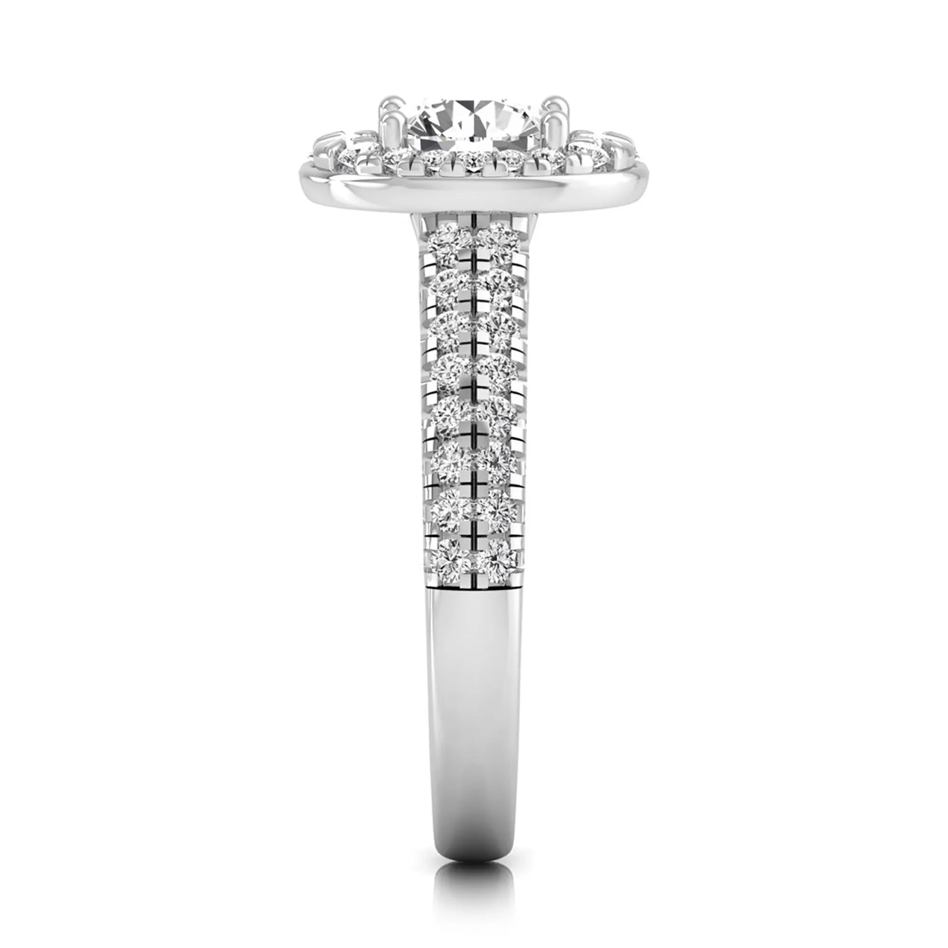 Round cut lab grown diamond engagement ring with an oval-shaped halo, double pavé side stones, and a white gold style band.