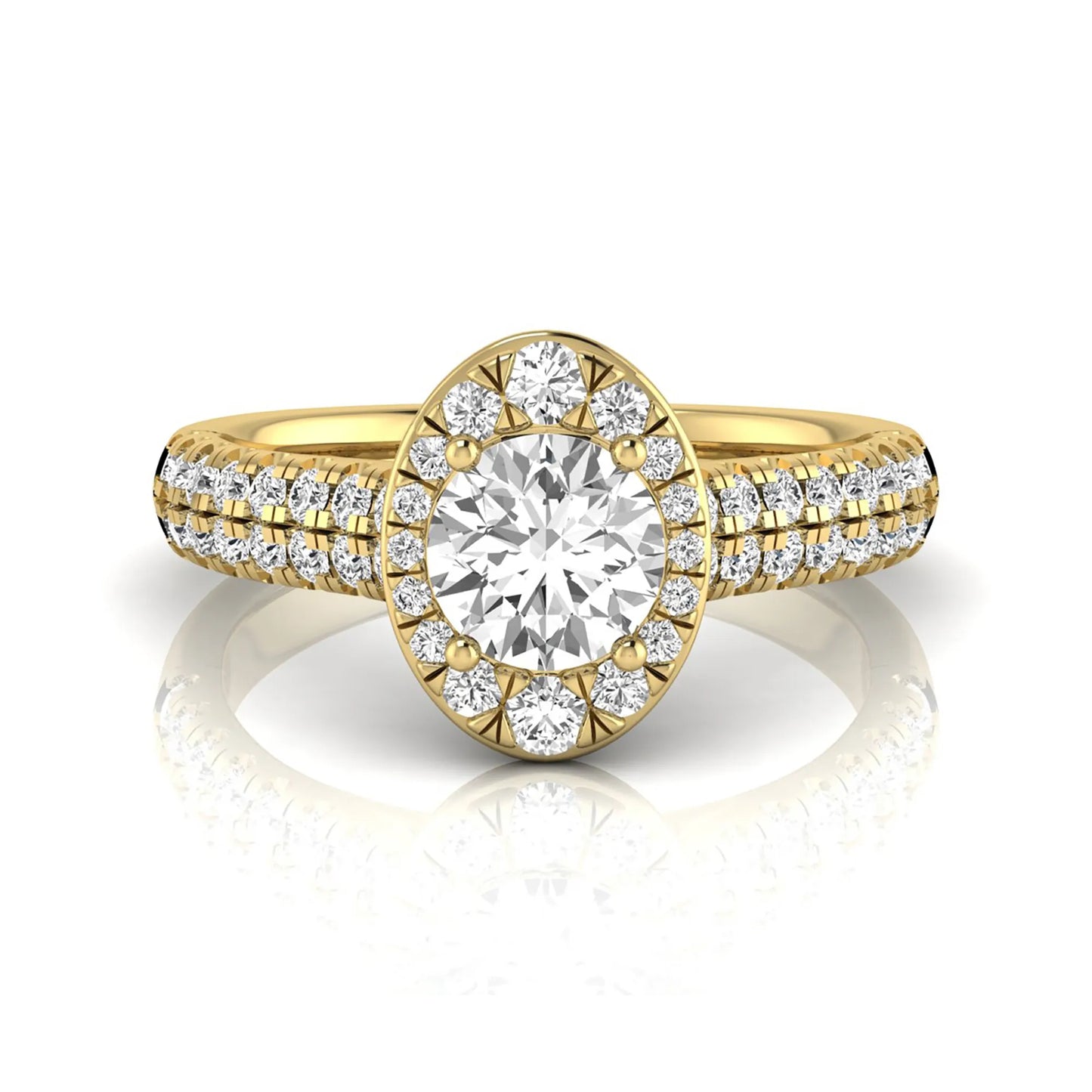 Round cut lab grown diamond engagement ring with an oval-shaped halo, double pavé side stones, and a yellow gold style band.