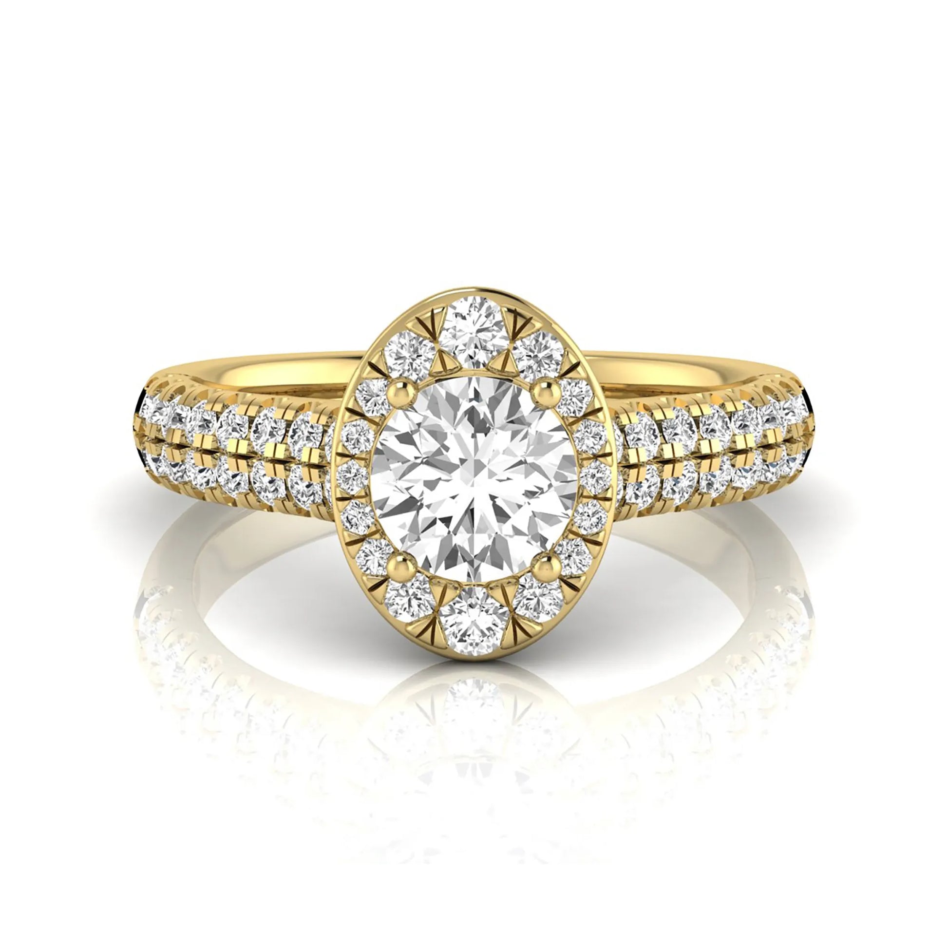 Round cut lab grown diamond engagement ring with an oval-shaped halo, double pavé side stones, and a yellow gold style band.