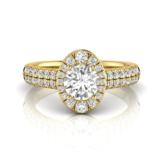 Round cut lab grown diamond engagement ring with an oval-shaped halo, double pavé side stones, and a yellow gold style band.