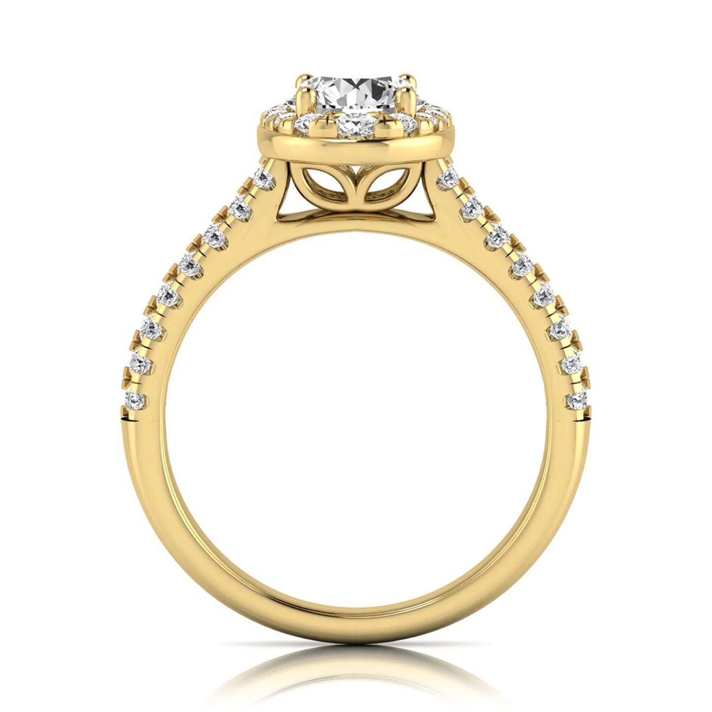 Round cut lab grown diamond engagement ring with an oval-shaped halo, double pavé side stones, and a yellow gold style band.
