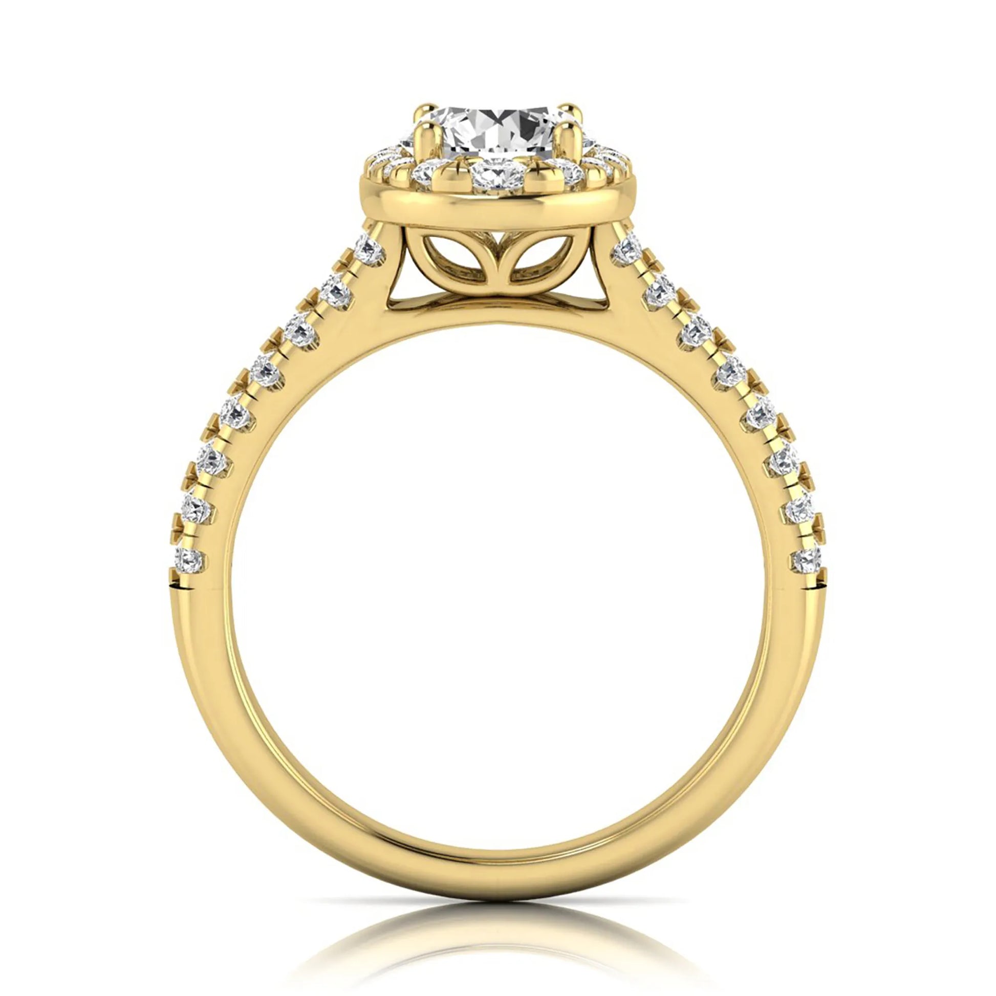 Round cut lab grown diamond engagement ring with an oval-shaped halo, double pavé side stones, and a yellow gold style band.