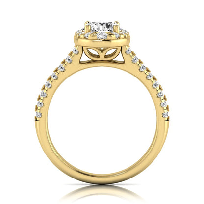 Round cut lab grown diamond engagement ring with an oval-shaped halo, double pavé side stones, and a yellow gold style band.