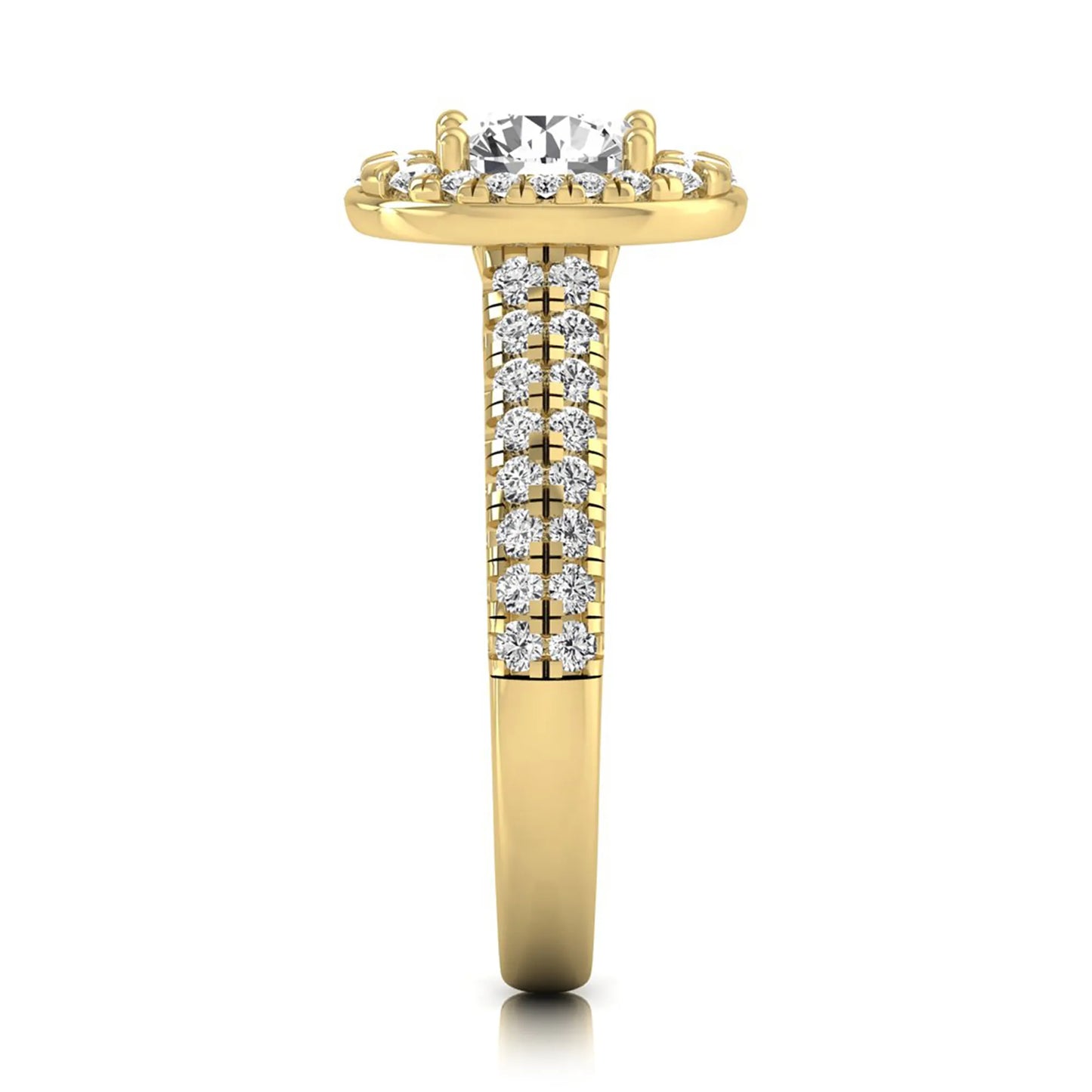 Round cut lab grown diamond engagement ring with an oval-shaped halo, double pavé side stones, and a yellow gold style band.