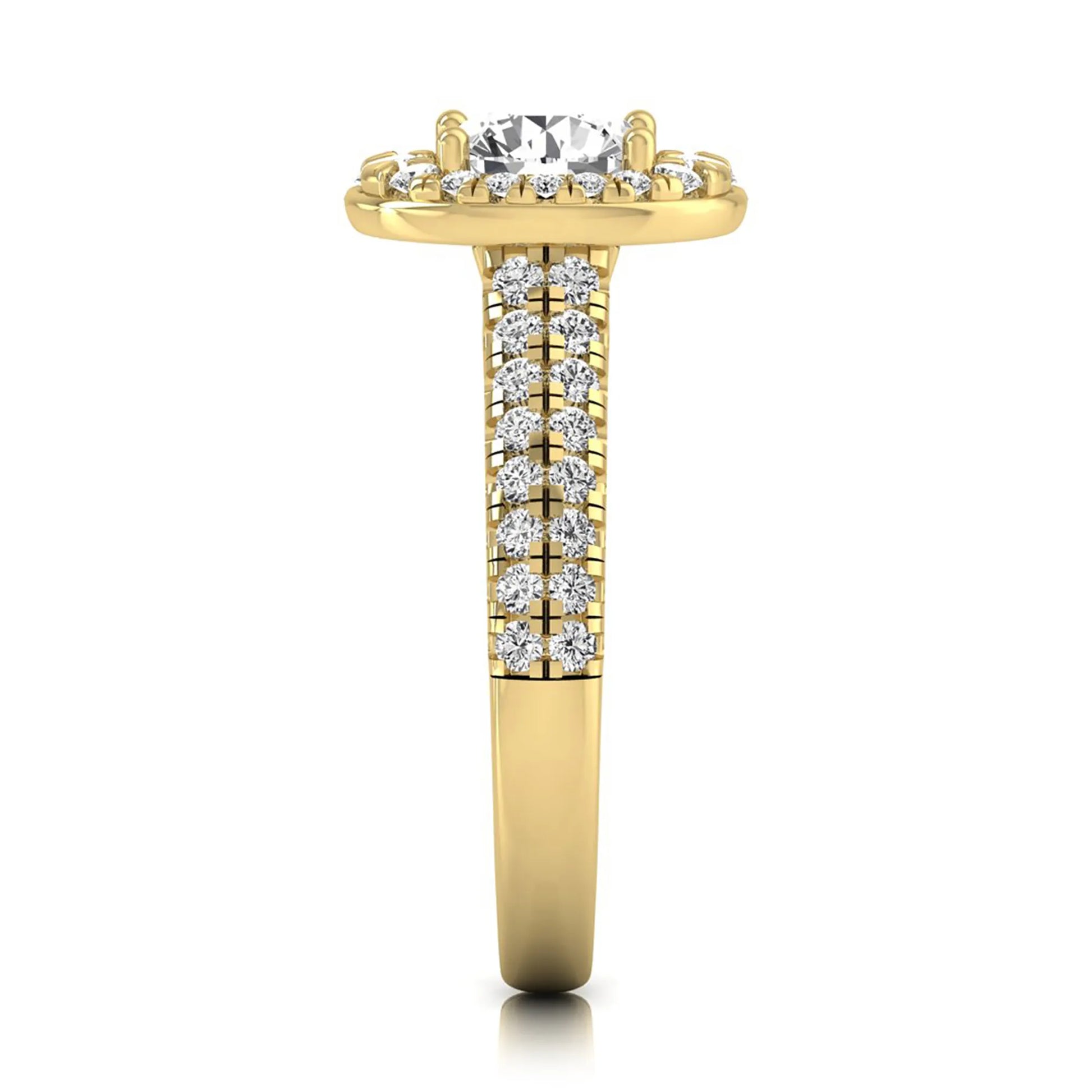 Round cut lab grown diamond engagement ring with an oval-shaped halo, double pavé side stones, and a yellow gold style band.