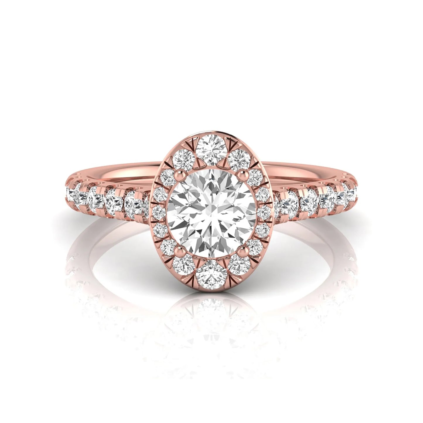 Round cut lab grown diamond engagement ring with an oval-shaped halo of round diamonds, pavé side stones, and a rose gold style band.