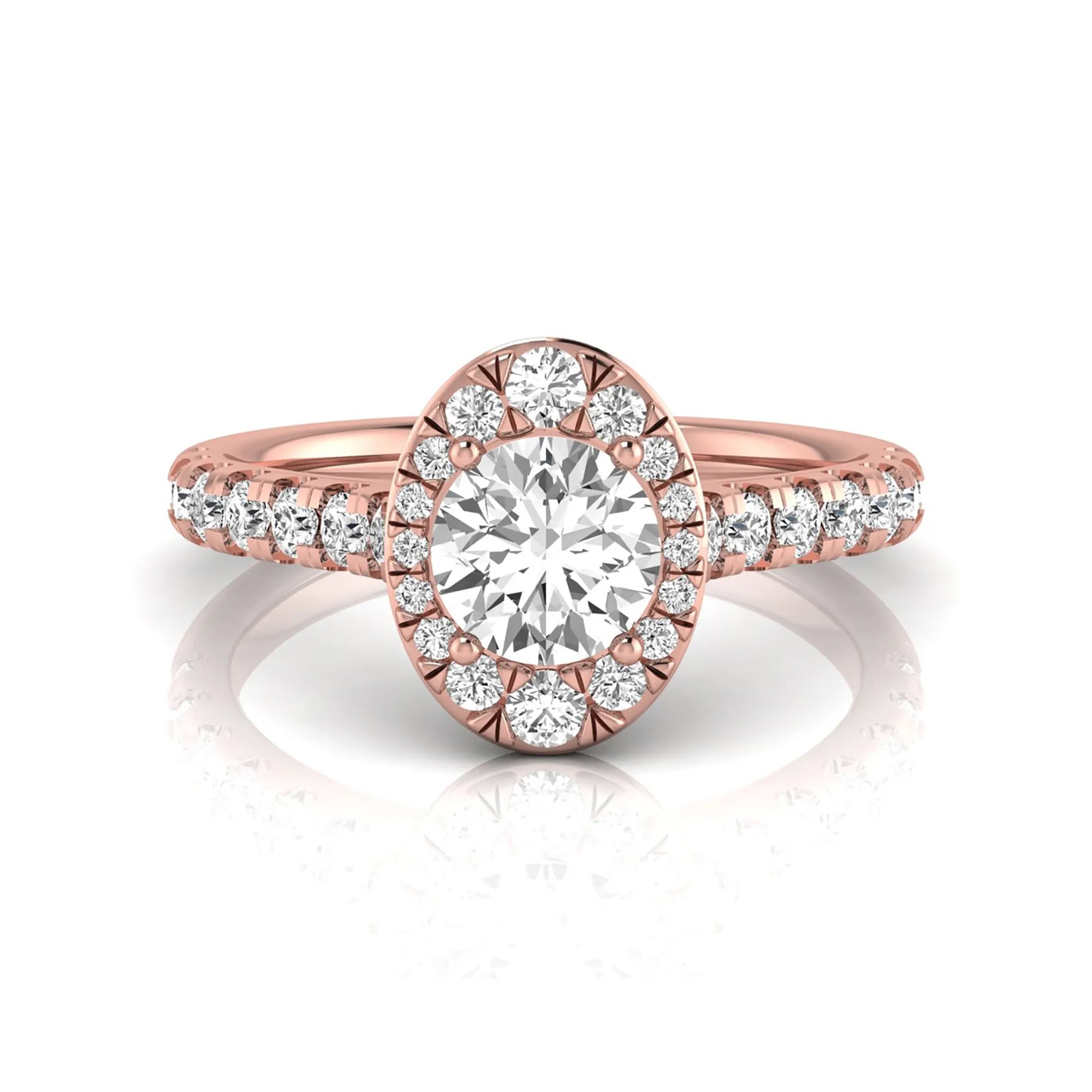Round cut lab grown diamond engagement ring with an oval-shaped halo of round diamonds, pavé side stones, and a rose gold style band.