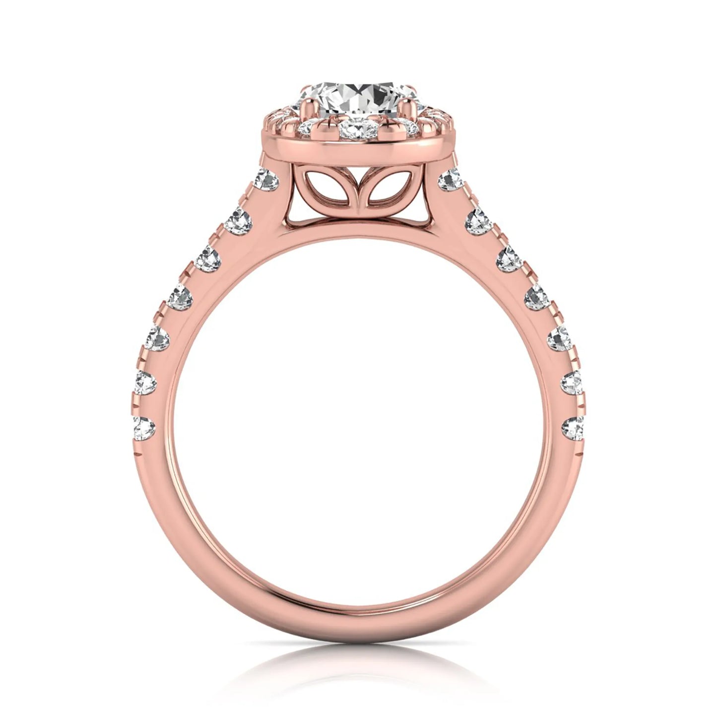 Round cut lab grown diamond engagement ring with an oval-shaped halo of round diamonds, pavé side stones, and a rose gold style band.