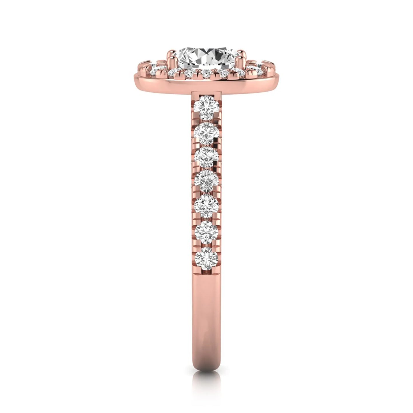 Round cut lab grown diamond engagement ring with an oval-shaped halo of round diamonds, pavé side stones, and a rose gold style band.