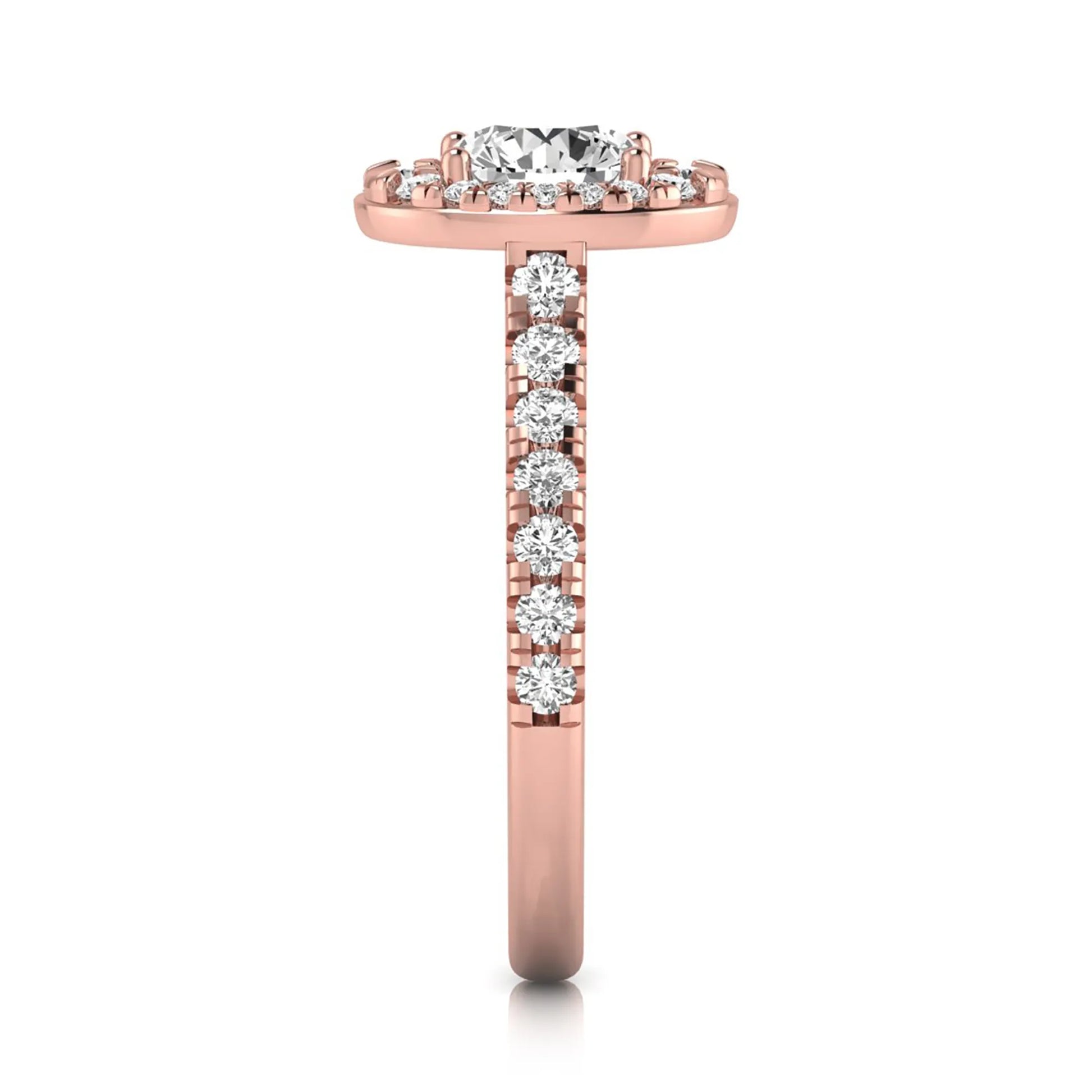 Round cut lab grown diamond engagement ring with an oval-shaped halo of round diamonds, pavé side stones, and a rose gold style band.