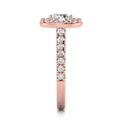 Round cut lab grown diamond engagement ring with an oval-shaped halo of round diamonds, pavé side stones, and a rose gold style band.