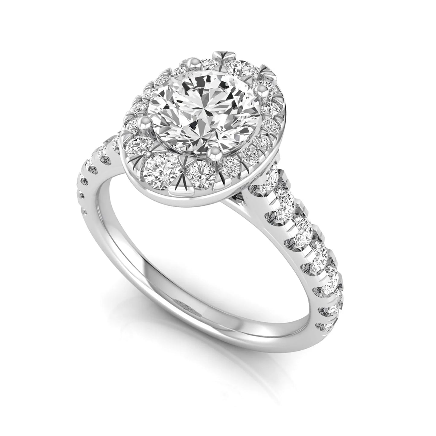 Round cut lab grown diamond engagement ring with an oval-shaped halo of round diamonds, pavé side stones, and a white gold style band.