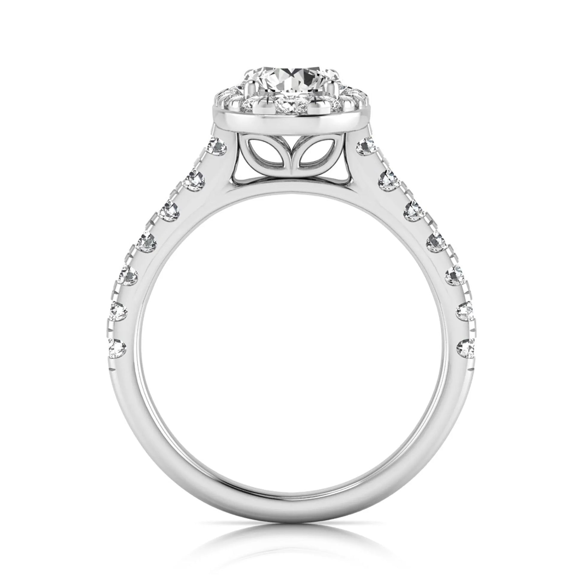 Round cut lab grown diamond engagement ring with an oval-shaped halo of round diamonds, pavé side stones, and a white gold style band.