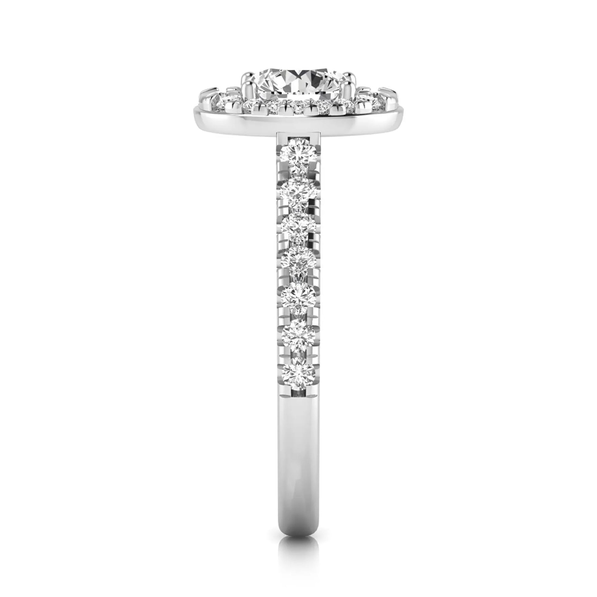 Round cut lab grown diamond engagement ring with an oval-shaped halo of round diamonds, pavé side stones, and a white gold style band.