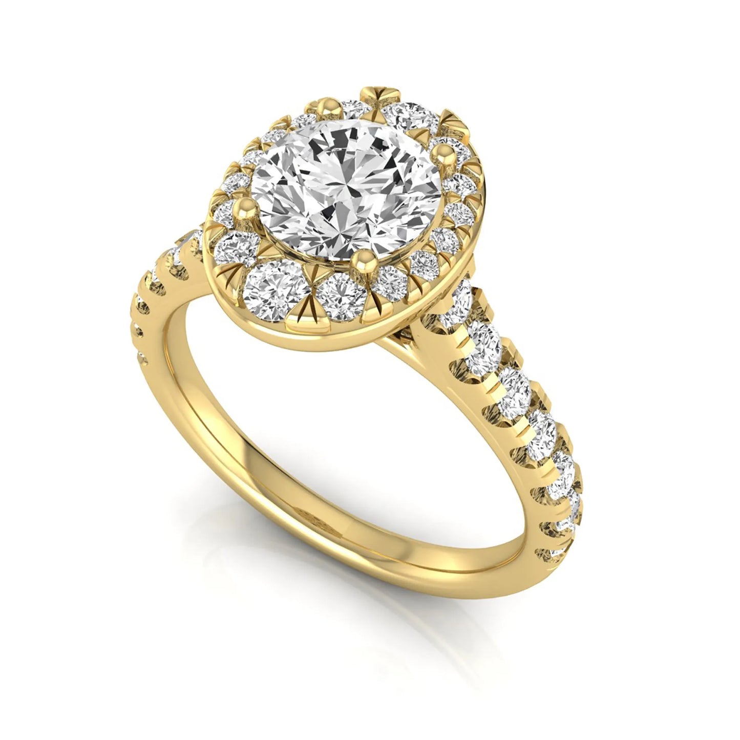 Round cut lab grown diamond engagement ring with an oval-shaped halo of round diamonds, pavé side stones, and a yellow gold style band.