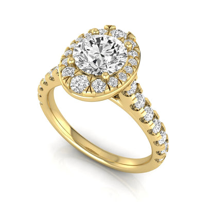 Round cut lab grown diamond engagement ring with an oval-shaped halo of round diamonds, pavé side stones, and a yellow gold style band.