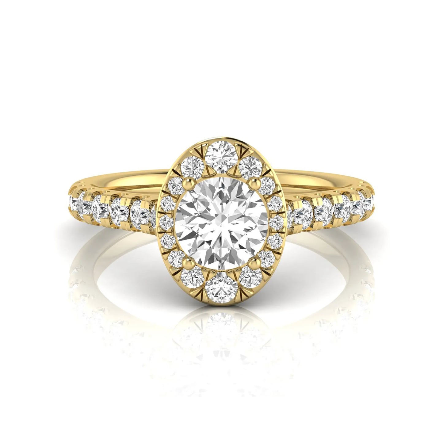 Round cut lab grown diamond engagement ring with an oval-shaped halo of round diamonds, pavé side stones, and a yellow gold style band.