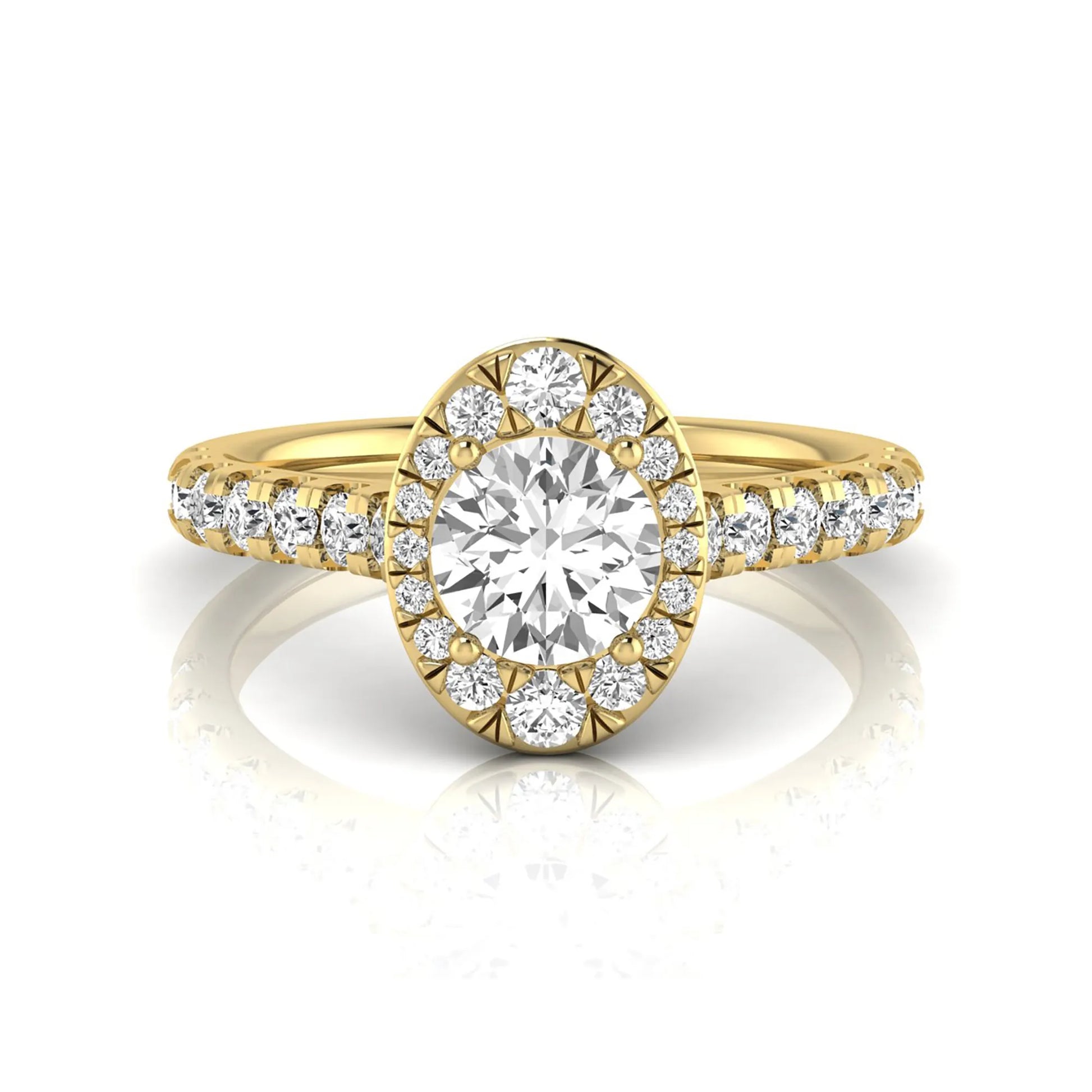 Round cut lab grown diamond engagement ring with an oval-shaped halo of round diamonds, pavé side stones, and a yellow gold style band.