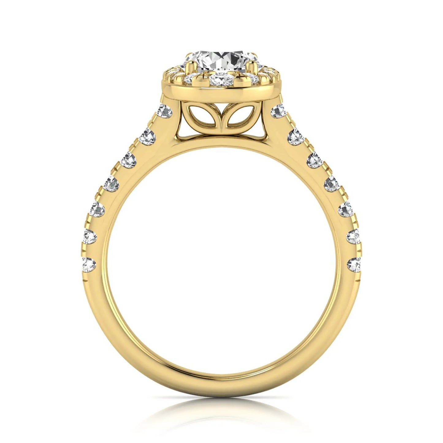Round cut lab grown diamond engagement ring with an oval-shaped halo of round diamonds, pavé side stones, and a yellow gold style band.