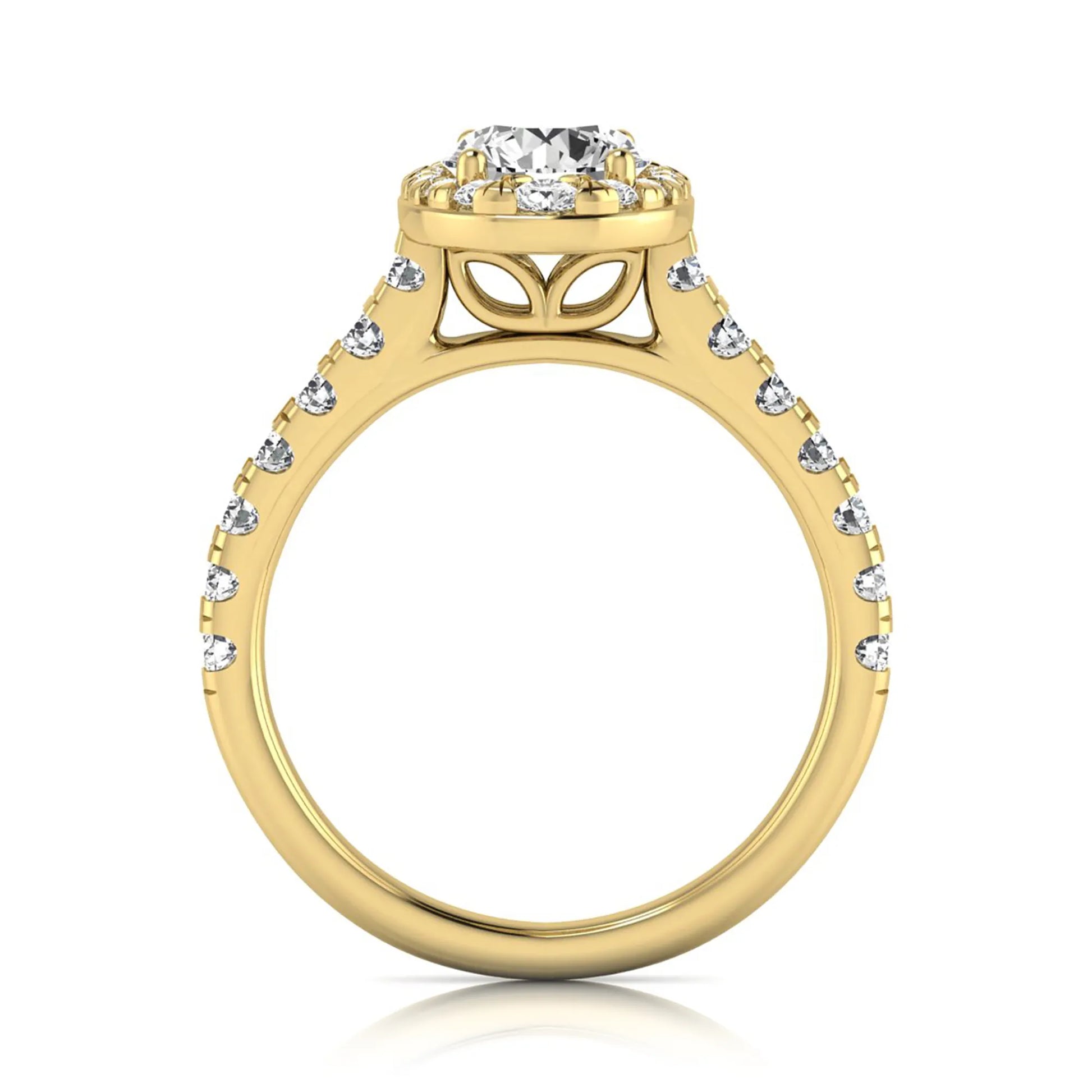 Round cut lab grown diamond engagement ring with an oval-shaped halo of round diamonds, pavé side stones, and a yellow gold style band.
