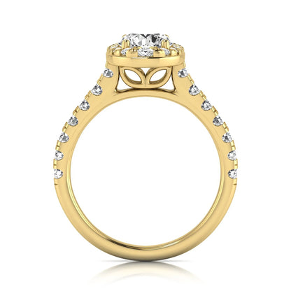 Round cut lab grown diamond engagement ring with an oval-shaped halo of round diamonds, pavé side stones, and a yellow gold style band.