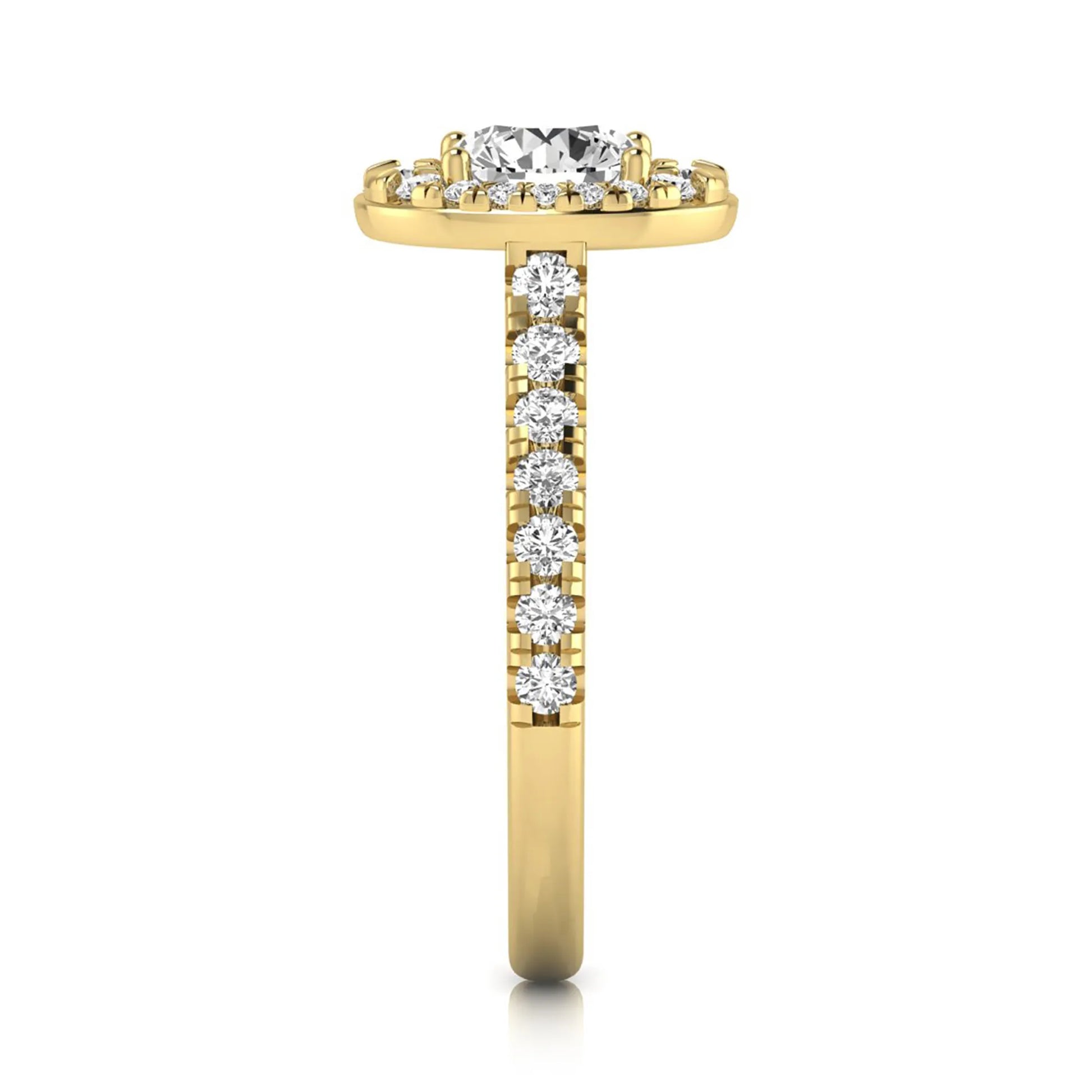 Round cut lab grown diamond engagement ring with an oval-shaped halo of round diamonds, pavé side stones, and a yellow gold style band.