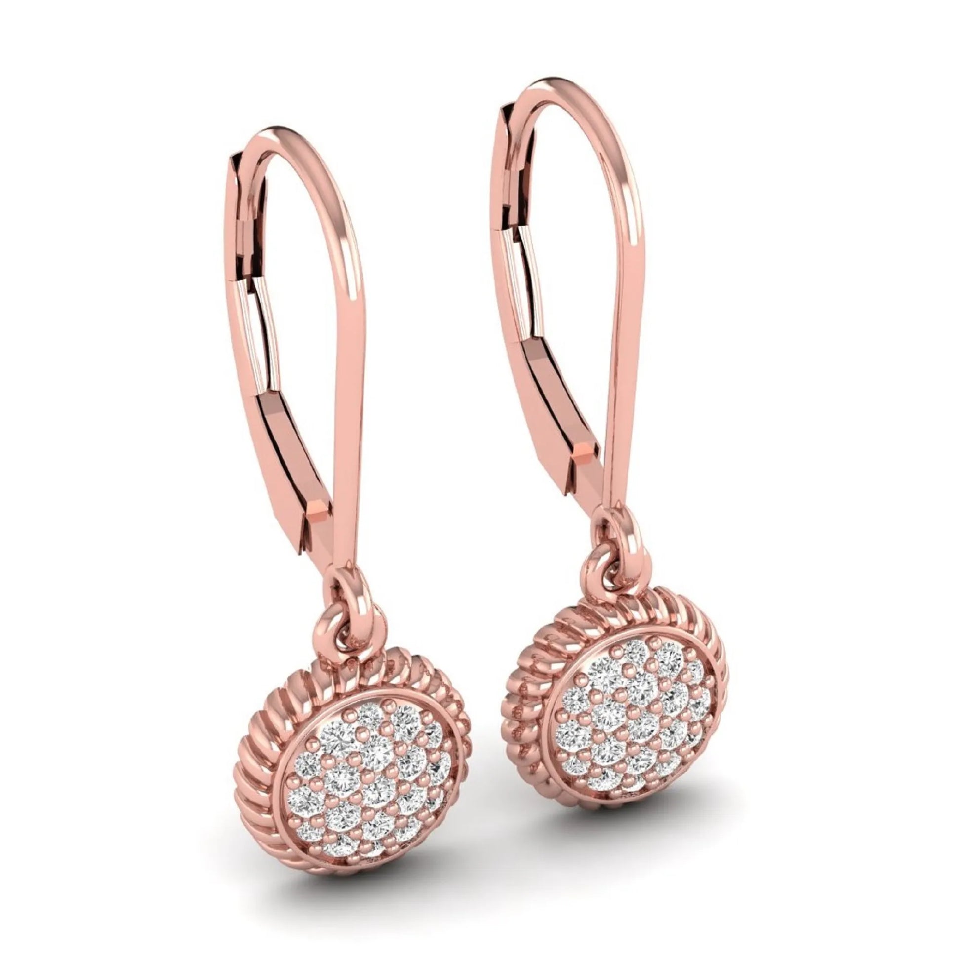 Round pavé lab grown diamond disc drop earrings featuring clustered round cut diamonds, rope edge detailing, lever back closure, and rose gold tone design.