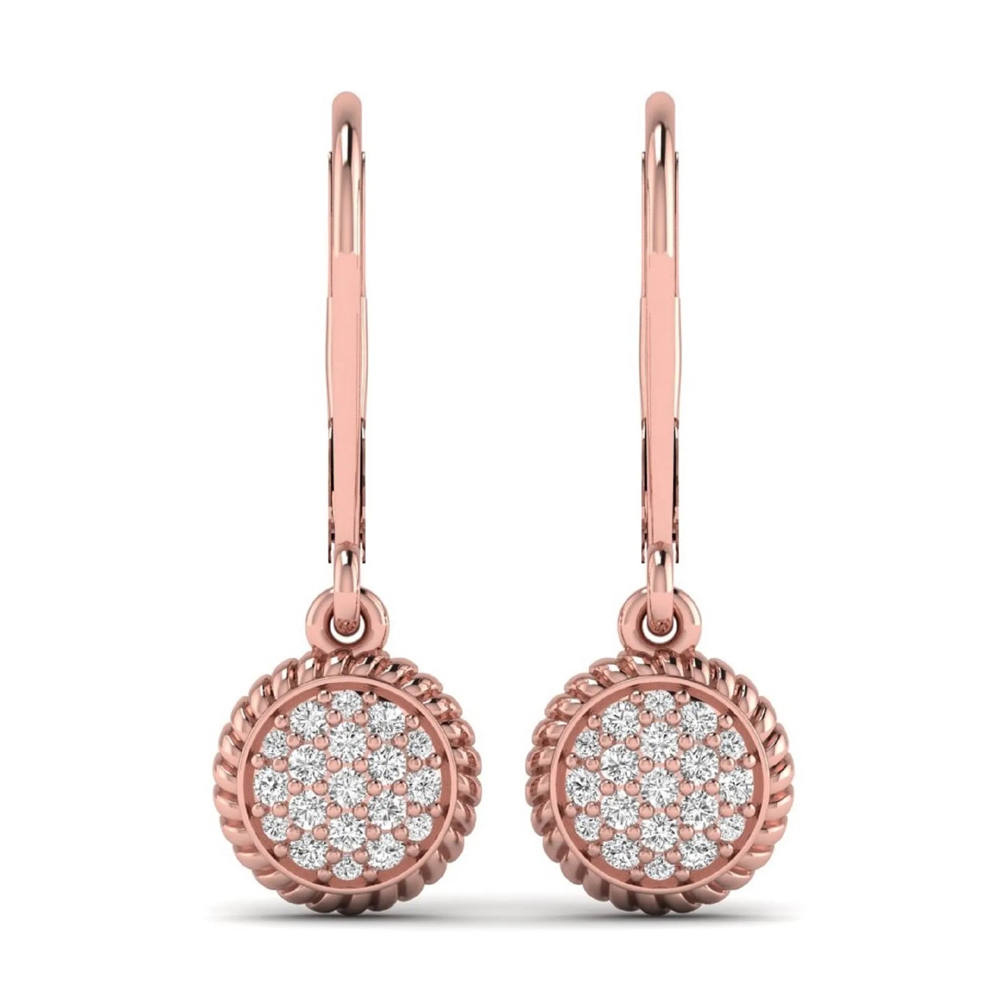 Round pavé lab grown diamond disc drop earrings featuring clustered round cut diamonds, rope edge detailing, lever back closure, and rose gold tone design.