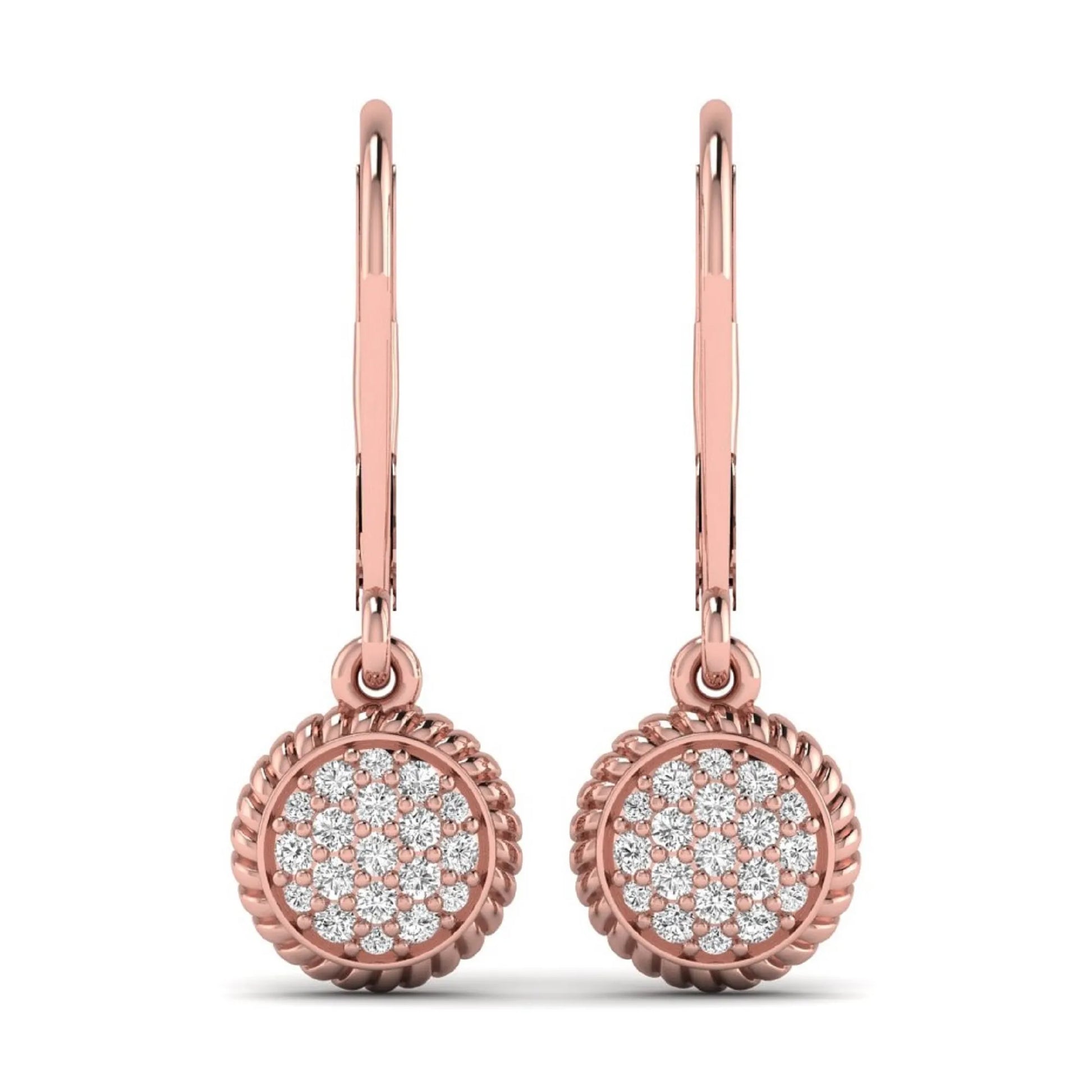 Round pavé lab grown diamond disc drop earrings featuring clustered round cut diamonds, rope edge detailing, lever back closure, and rose gold tone design.