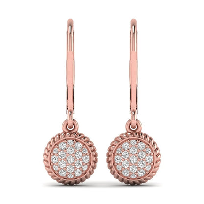 Round pavé lab grown diamond disc drop earrings featuring clustered round cut diamonds, rope edge detailing, lever back closure, and rose gold tone design.