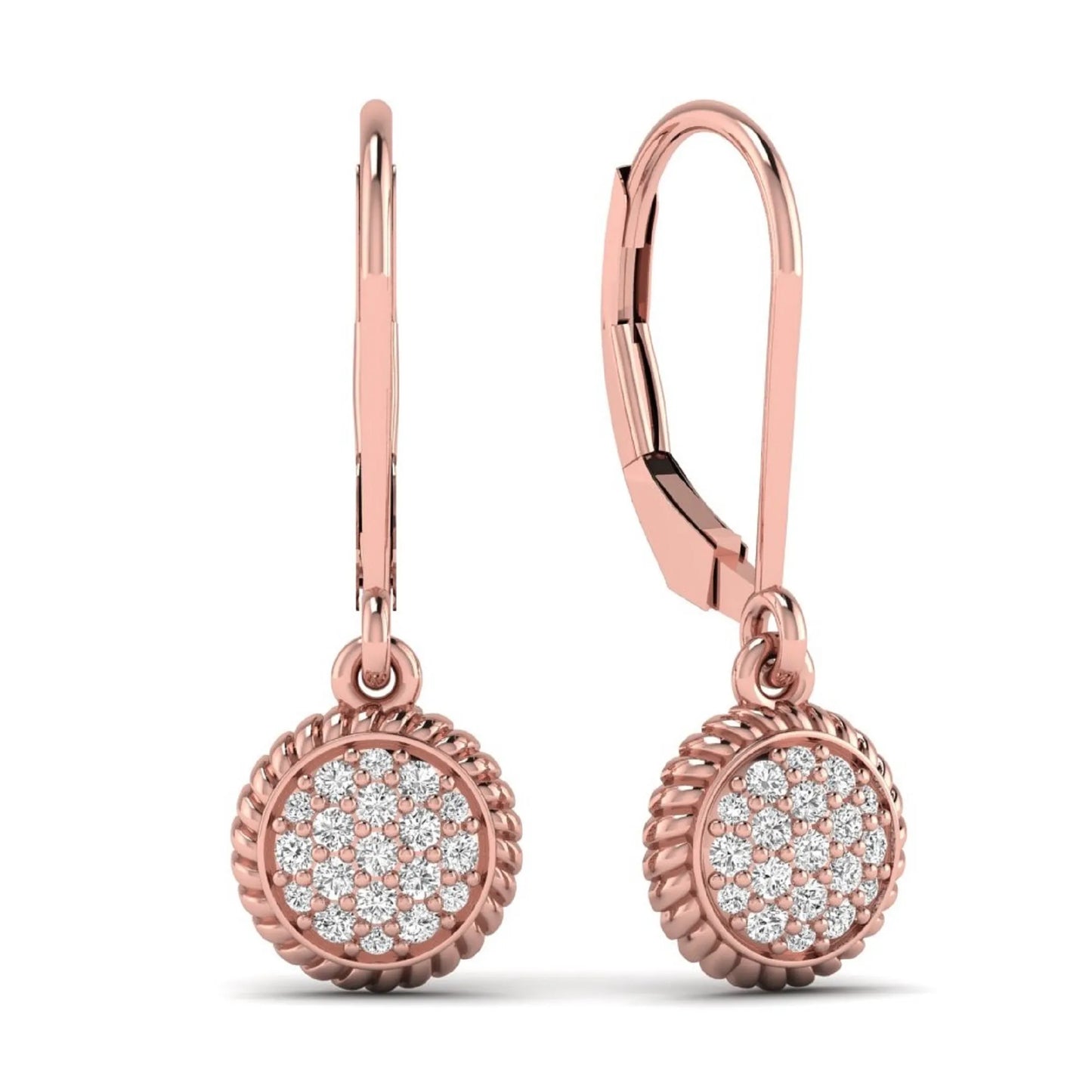 Round pavé lab grown diamond disc drop earrings featuring clustered round cut diamonds, rope edge detailing, lever back closure, and rose gold tone design.