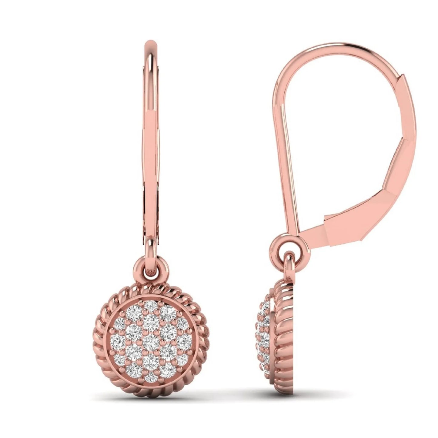 Round pavé lab grown diamond disc drop earrings featuring clustered round cut diamonds, rope edge detailing, lever back closure, and rose gold tone design.