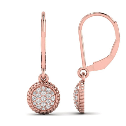 Round pavé lab grown diamond disc drop earrings featuring clustered round cut diamonds, rope edge detailing, lever back closure, and rose gold tone design.