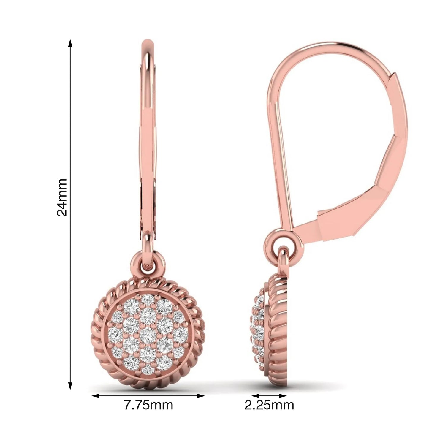 Round pavé lab grown diamond disc drop earrings featuring clustered round cut diamonds, rope edge detailing, lever back closure, and rose gold tone design.