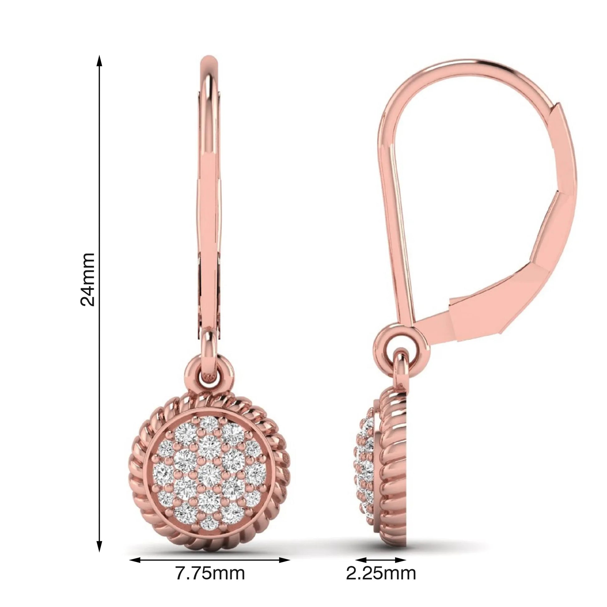 Round pavé lab grown diamond disc drop earrings featuring clustered round cut diamonds, rope edge detailing, lever back closure, and rose gold tone design.