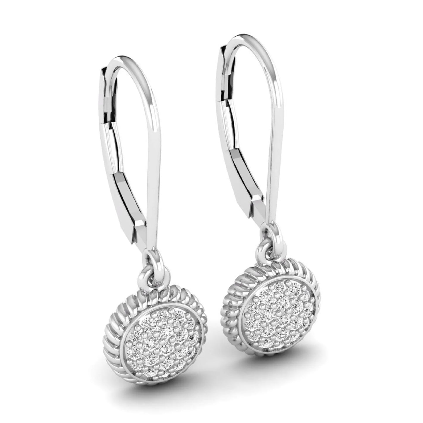 Round pavé lab grown diamond disc drop earrings featuring clustered round cut diamonds, rope edge detailing, lever back closure, and white gold tone design.