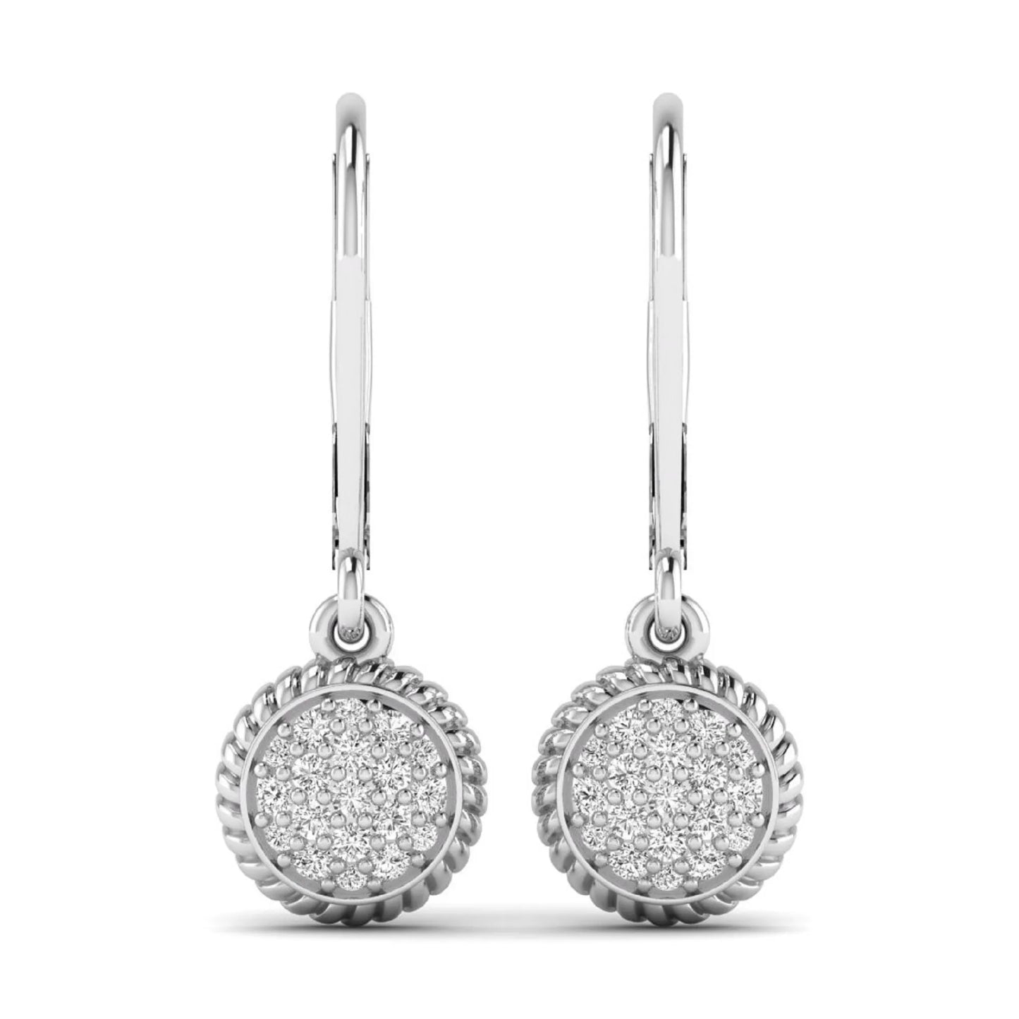 Round pavé lab grown diamond disc drop earrings featuring clustered round cut diamonds, rope edge detailing, lever back closure, and white gold tone design.