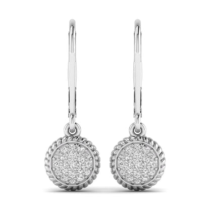 Round pavé lab grown diamond disc drop earrings featuring clustered round cut diamonds, rope edge detailing, lever back closure, and white gold tone design.