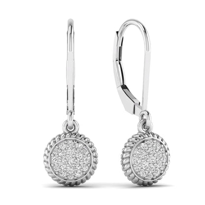 Round pavé lab grown diamond disc drop earrings featuring clustered round cut diamonds, rope edge detailing, lever back closure, and white gold tone design.