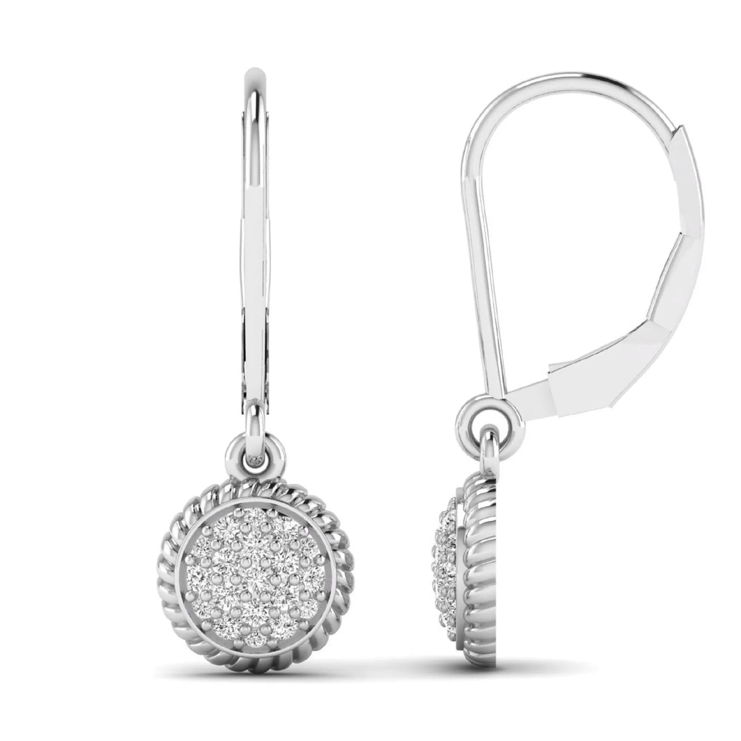 Round pavé lab grown diamond disc drop earrings featuring clustered round cut diamonds, rope edge detailing, lever back closure, and white gold tone design.