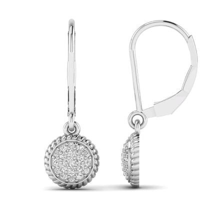 Round pavé lab grown diamond disc drop earrings featuring clustered round cut diamonds, rope edge detailing, lever back closure, and white gold tone design.