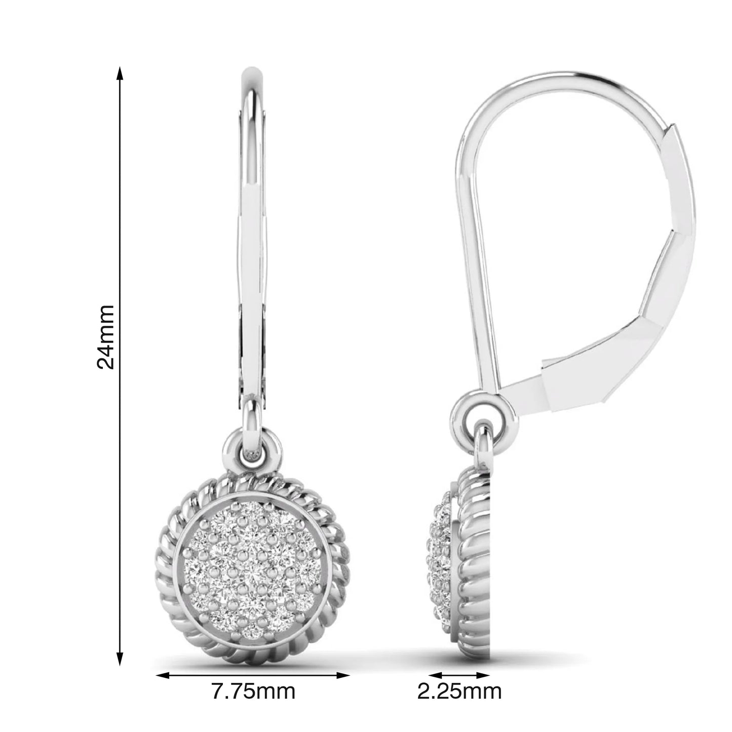 Round pavé lab grown diamond disc drop earrings featuring clustered round cut diamonds, rope edge detailing, lever back closure, and white gold tone design.