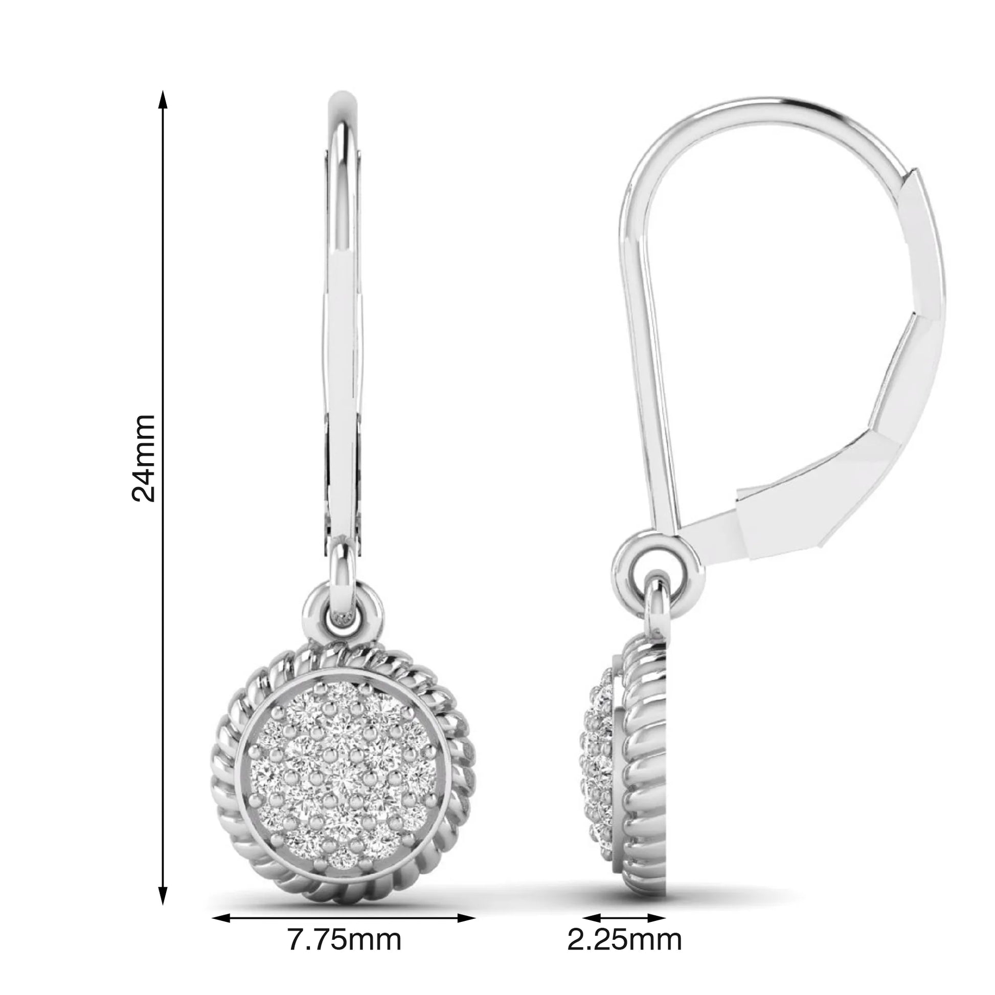Round pavé lab grown diamond disc drop earrings featuring clustered round cut diamonds, rope edge detailing, lever back closure, and white gold tone design.