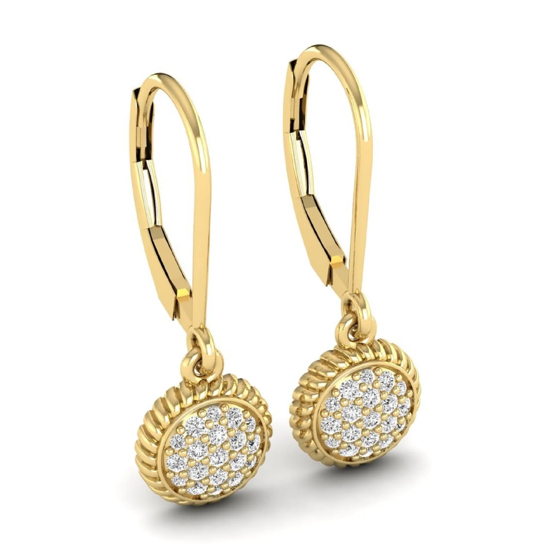 Round pavé lab grown diamond disc drop earrings featuring clustered round cut diamonds, rope edge detailing, lever back closure, and yellow gold tone design.