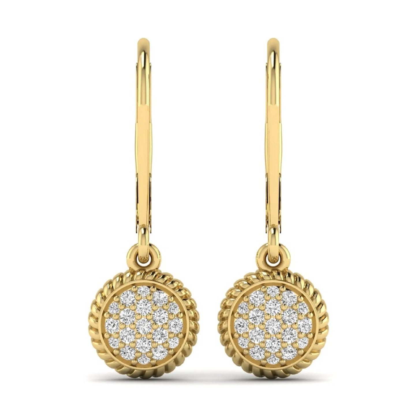 Round pavé lab grown diamond disc drop earrings featuring clustered round cut diamonds, rope edge detailing, lever back closure, and yellow gold tone design.