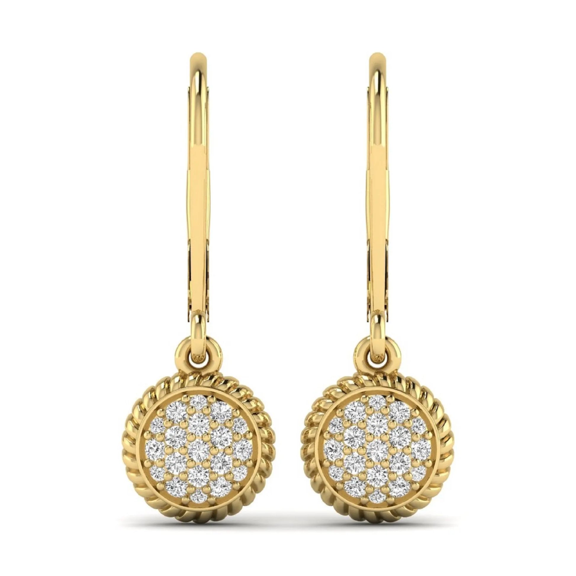 Round pavé lab grown diamond disc drop earrings featuring clustered round cut diamonds, rope edge detailing, lever back closure, and yellow gold tone design.