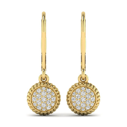 Round pavé lab grown diamond disc drop earrings featuring clustered round cut diamonds, rope edge detailing, lever back closure, and yellow gold tone design.