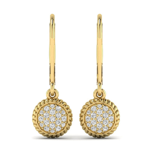 Round pavé lab grown diamond disc drop earrings featuring clustered round cut diamonds, rope edge detailing, lever back closure, and yellow gold tone design.